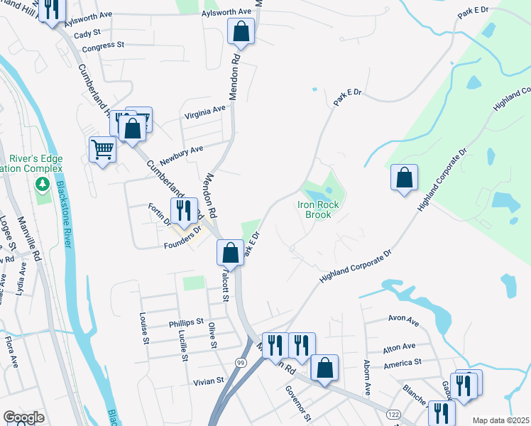 map of restaurants, bars, coffee shops, grocery stores, and more near 200 Highland Corporate Drive in Cumberland