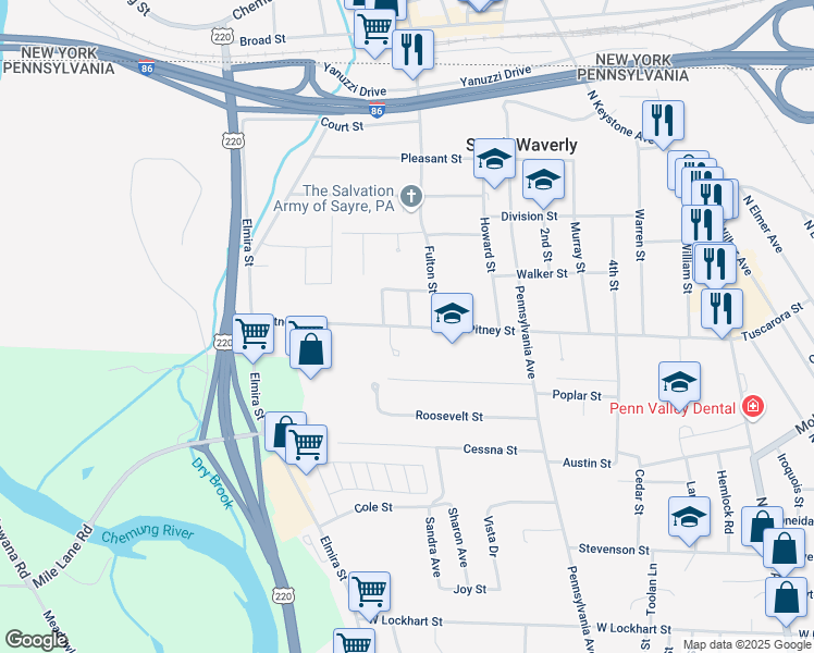 map of restaurants, bars, coffee shops, grocery stores, and more near 45 State Route 1069 in South Waverly