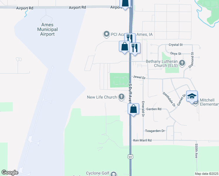 map of restaurants, bars, coffee shops, grocery stores, and more near 3413 South Duff Avenue in Ames