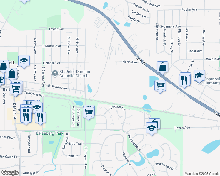 map of restaurants, bars, coffee shops, grocery stores, and more near 145 South Prospect Avenue in Bartlett
