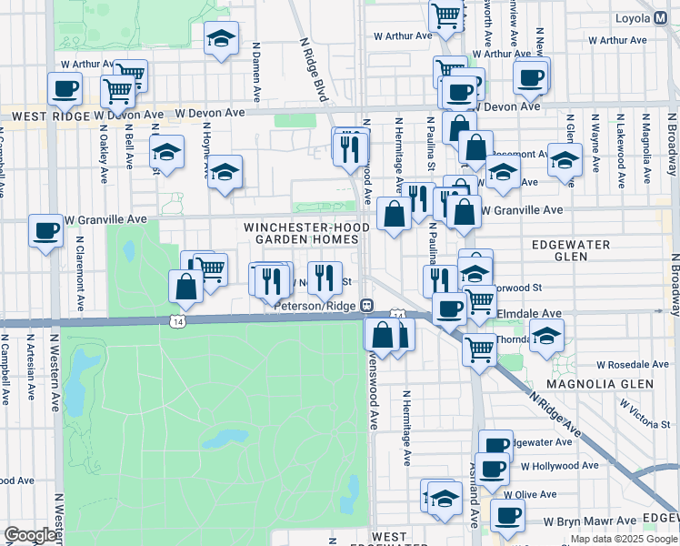 map of restaurants, bars, coffee shops, grocery stores, and more near 1835 West Hood Avenue in Chicago
