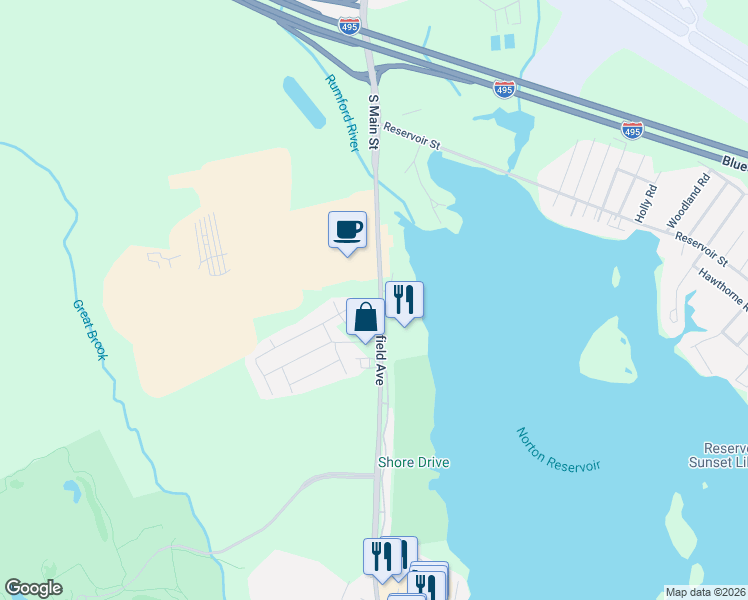 map of restaurants, bars, coffee shops, grocery stores, and more near 258 Mansfield Avenue in Norton