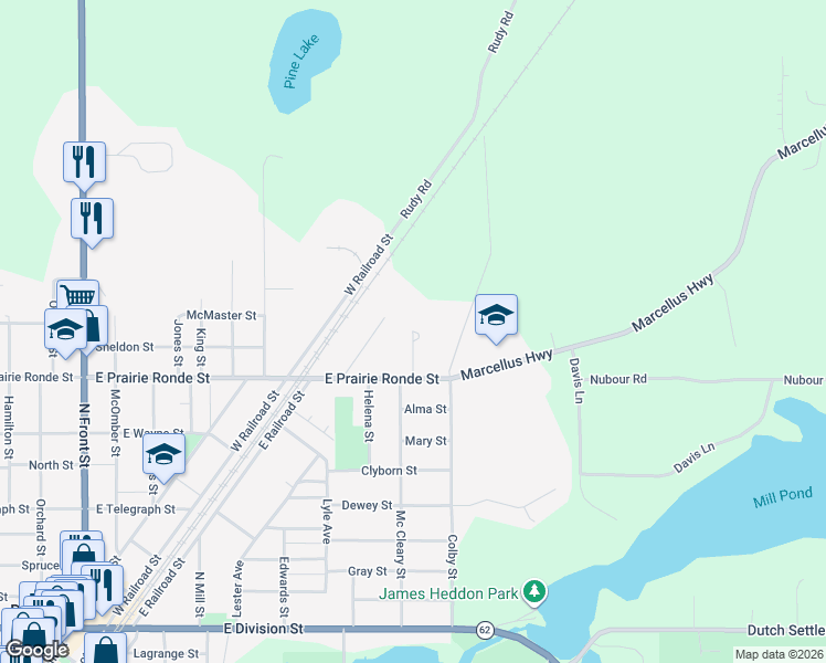 map of restaurants, bars, coffee shops, grocery stores, and more near 612 Uneta Street in Dowagiac