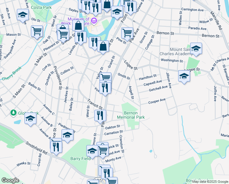 map of restaurants, bars, coffee shops, grocery stores, and more near 25 Blakeley Street in Woonsocket