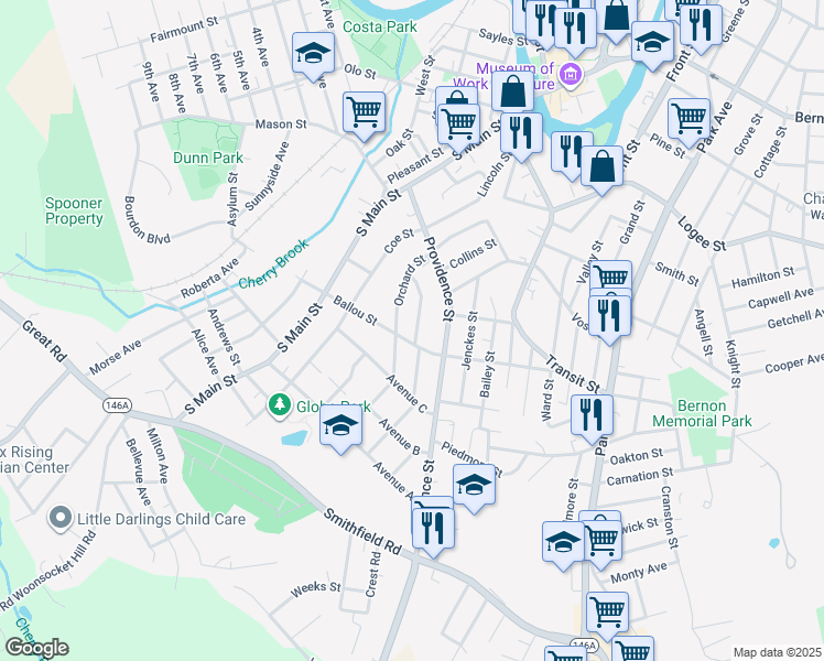 map of restaurants, bars, coffee shops, grocery stores, and more near 168 Orchard Street in Woonsocket