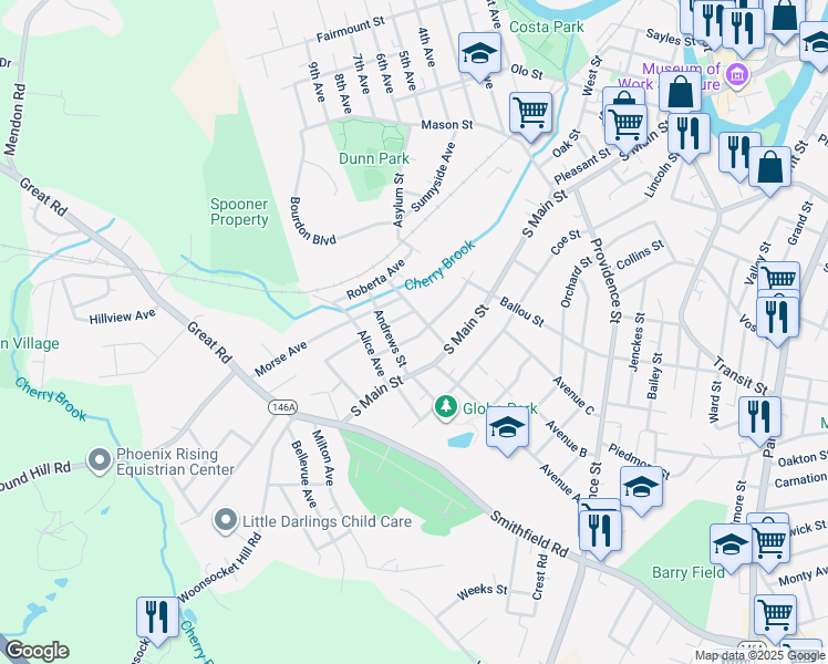 map of restaurants, bars, coffee shops, grocery stores, and more near 16 Pearl Street in Woonsocket