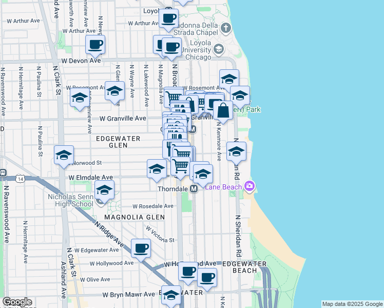 map of restaurants, bars, coffee shops, grocery stores, and more near 6102 North Winthrop Avenue in Chicago