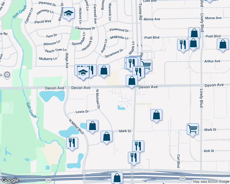 map of restaurants, bars, coffee shops, grocery stores, and more near 1437 Bristol Lane in Wood Dale