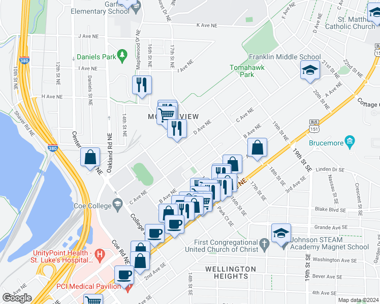 map of restaurants, bars, coffee shops, grocery stores, and more near 416 16th Street Southeast in Cedar Rapids