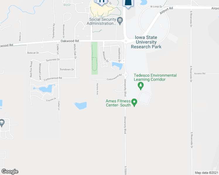 map of restaurants, bars, coffee shops, grocery stores, and more near 2036 Cottonwood Road in Ames