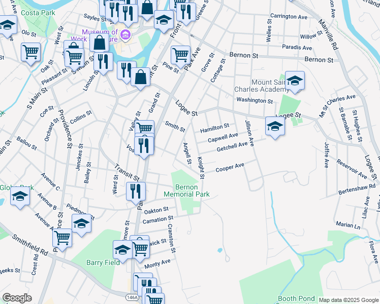 map of restaurants, bars, coffee shops, grocery stores, and more near 70 Angell St in Woonsocket