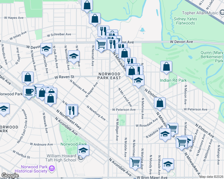 map of restaurants, bars, coffee shops, grocery stores, and more near 6140 North Nagle Avenue in Chicago
