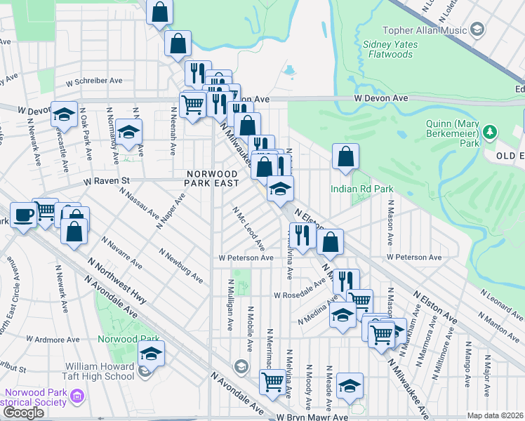 map of restaurants, bars, coffee shops, grocery stores, and more near 6255 West Hyacinth Street in Chicago