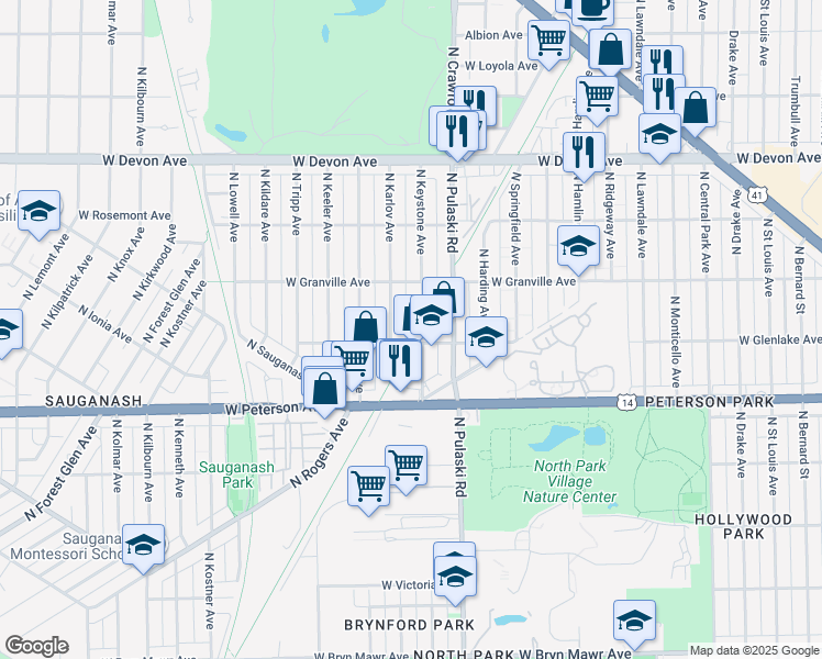 map of restaurants, bars, coffee shops, grocery stores, and more near 4044 W Glenlake Ave in Chicago