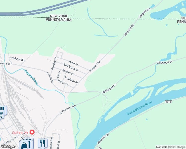 map of restaurants, bars, coffee shops, grocery stores, and more near State Route 1071 in Sayre