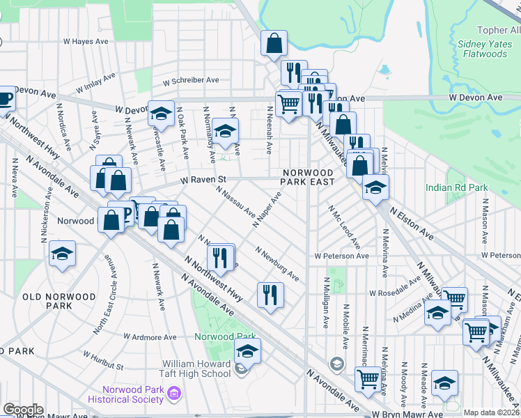 map of restaurants, bars, coffee shops, grocery stores, and more near 6107 North Nassau Avenue in Chicago