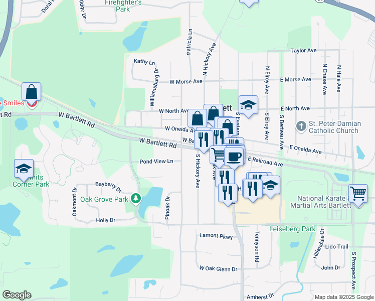 map of restaurants, bars, coffee shops, grocery stores, and more near 321 West Railroad Avenue in Bartlett