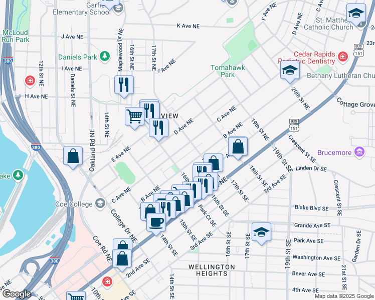 map of restaurants, bars, coffee shops, grocery stores, and more near 1639 C Avenue Northeast in Cedar Rapids