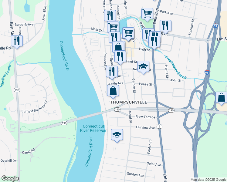 map of restaurants, bars, coffee shops, grocery stores, and more near 136 Spring Street in Enfield