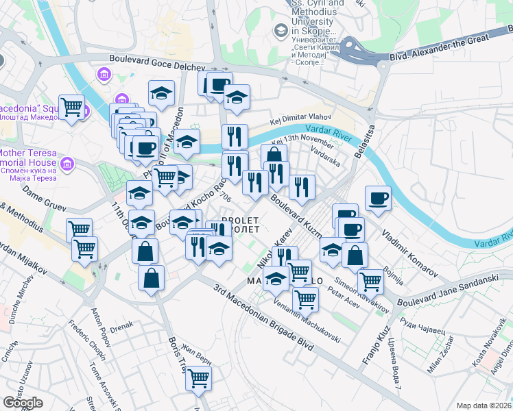 map of restaurants, bars, coffee shops, grocery stores, and more near Boulevard Krushevska Republika in Skopje