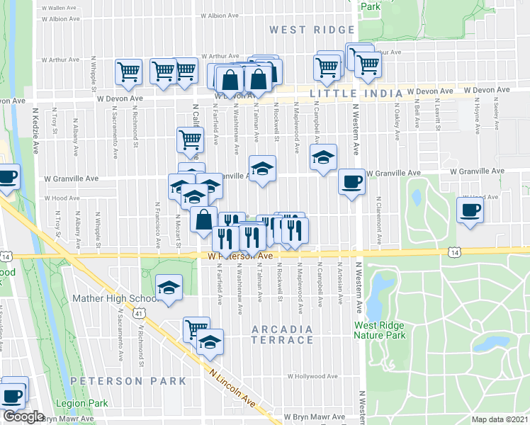 map of restaurants, bars, coffee shops, grocery stores, and more near 2614 West Glenlake Avenue in Chicago