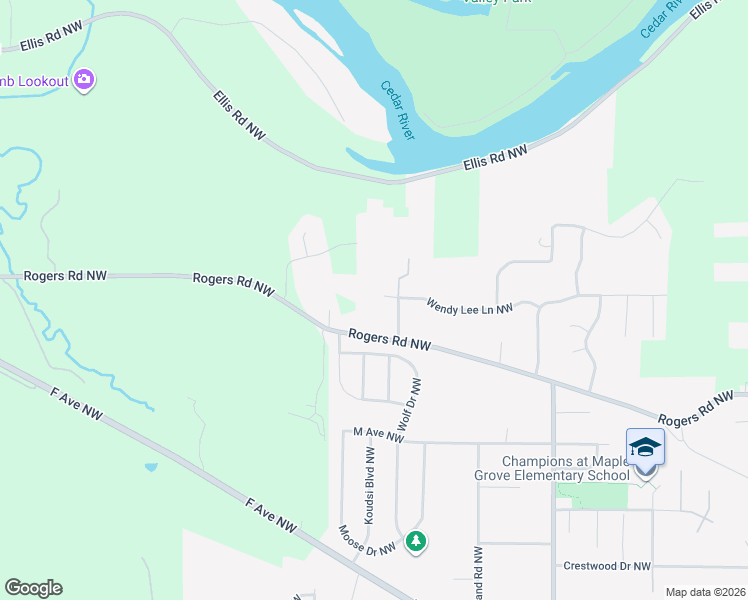 map of restaurants, bars, coffee shops, grocery stores, and more near 4726 Wendy Lee Lane Northwest in Cedar Rapids