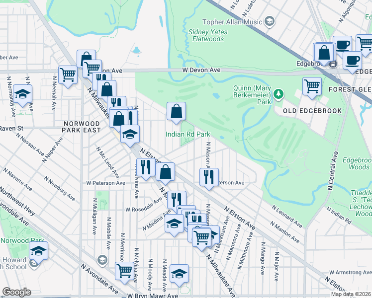 map of restaurants, bars, coffee shops, grocery stores, and more near 6021 W Matson Ave in Chicago