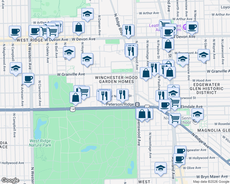 map of restaurants, bars, coffee shops, grocery stores, and more near 6123 North Winchester Avenue in Chicago