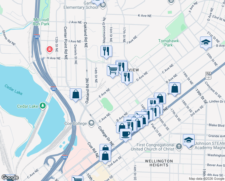 map of restaurants, bars, coffee shops, grocery stores, and more near 1509 E Ave Northeast in Cedar Rapids