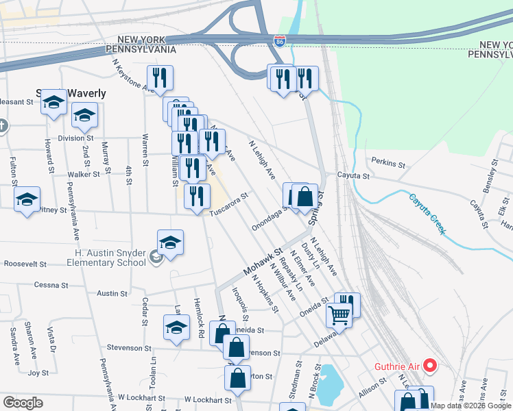 map of restaurants, bars, coffee shops, grocery stores, and more near 815 North Elmer Avenue in Sayre