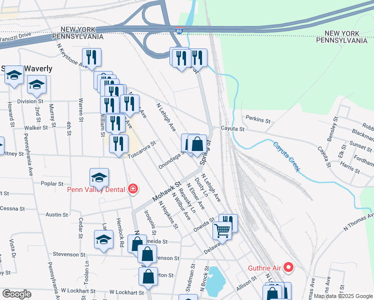 map of restaurants, bars, coffee shops, grocery stores, and more near 900 North Lehigh Avenue in Sayre