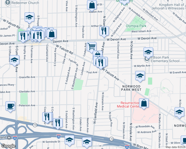 map of restaurants, bars, coffee shops, grocery stores, and more near 101 Yost Avenue in Park Ridge