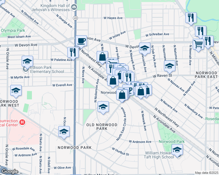 map of restaurants, bars, coffee shops, grocery stores, and more near 6116 North Avondale Avenue in Chicago