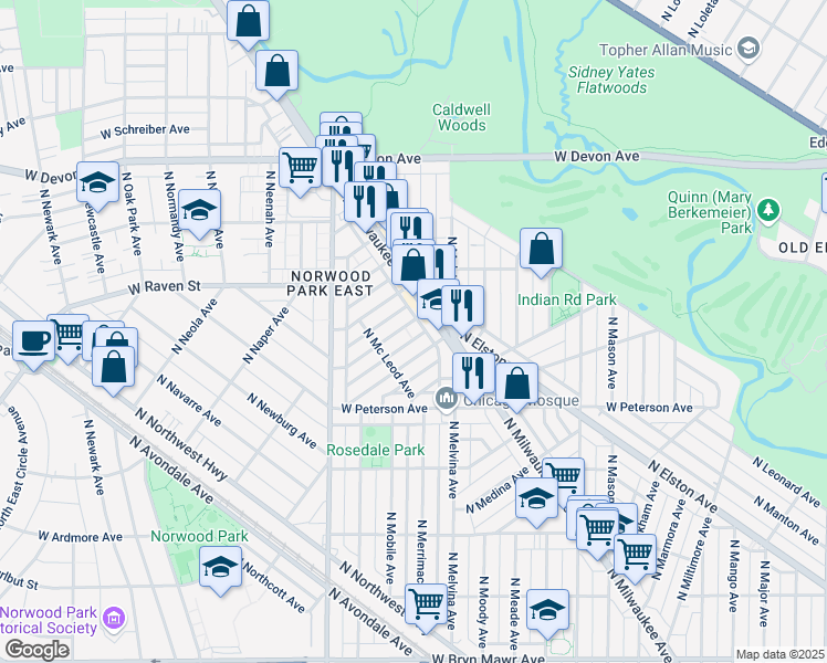 map of restaurants, bars, coffee shops, grocery stores, and more near 6255 West Hyacinth Street in Chicago