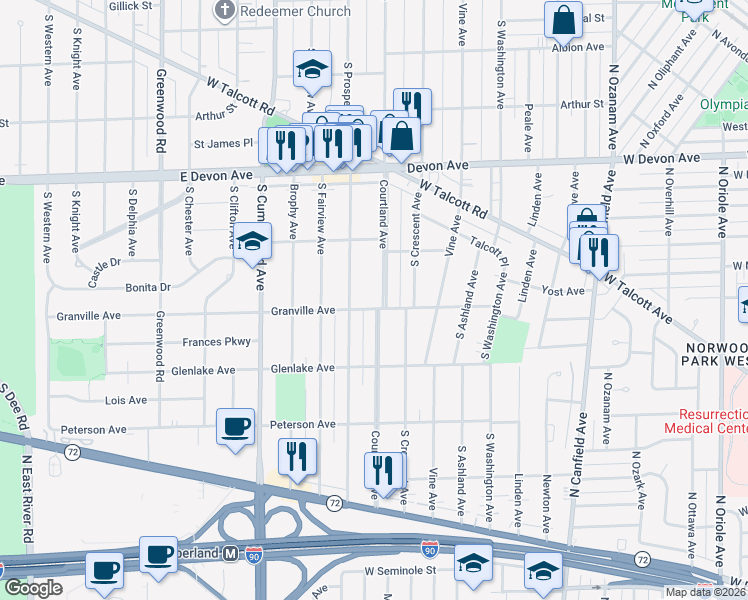 map of restaurants, bars, coffee shops, grocery stores, and more near 1429 Courtland Avenue in Park Ridge