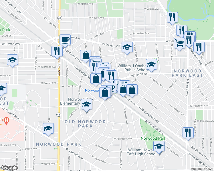 map of restaurants, bars, coffee shops, grocery stores, and more near 6100 North Northwest Highway in Chicago