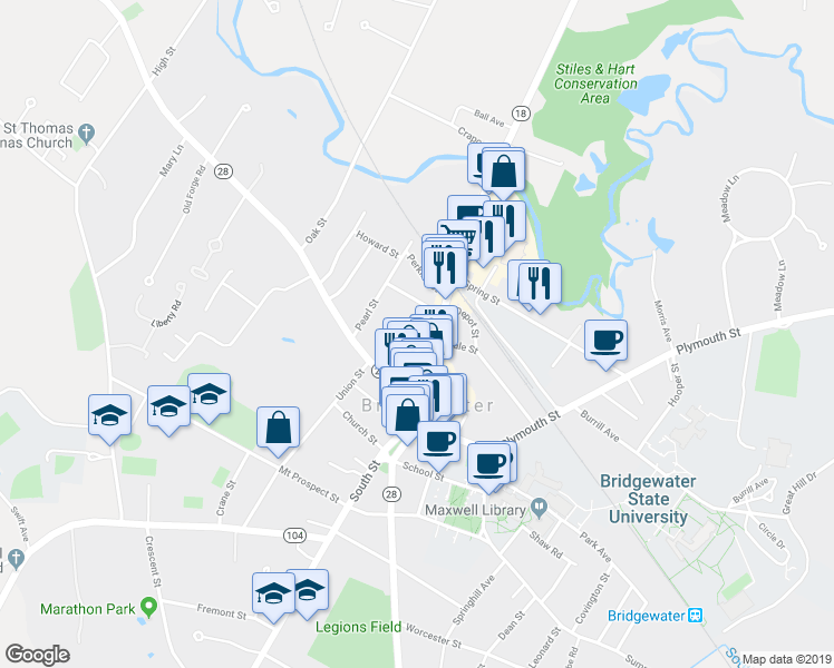 map of restaurants, bars, coffee shops, grocery stores, and more near 78 Broad Street in Bridgewater
