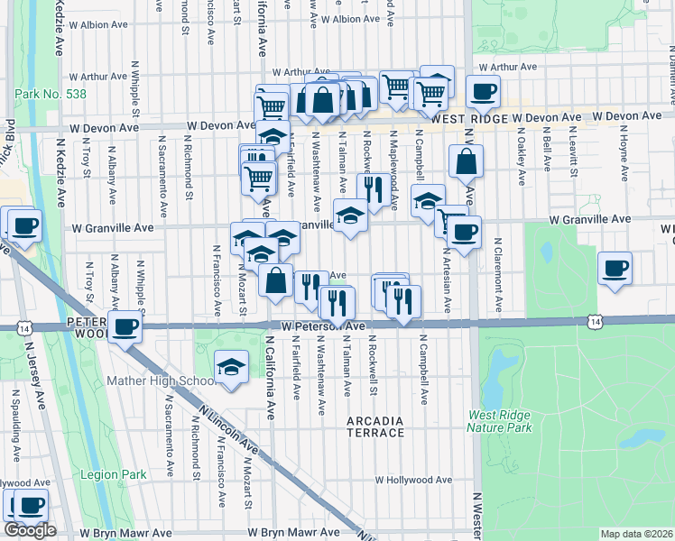 map of restaurants, bars, coffee shops, grocery stores, and more near 6108 North Talman Avenue in Chicago