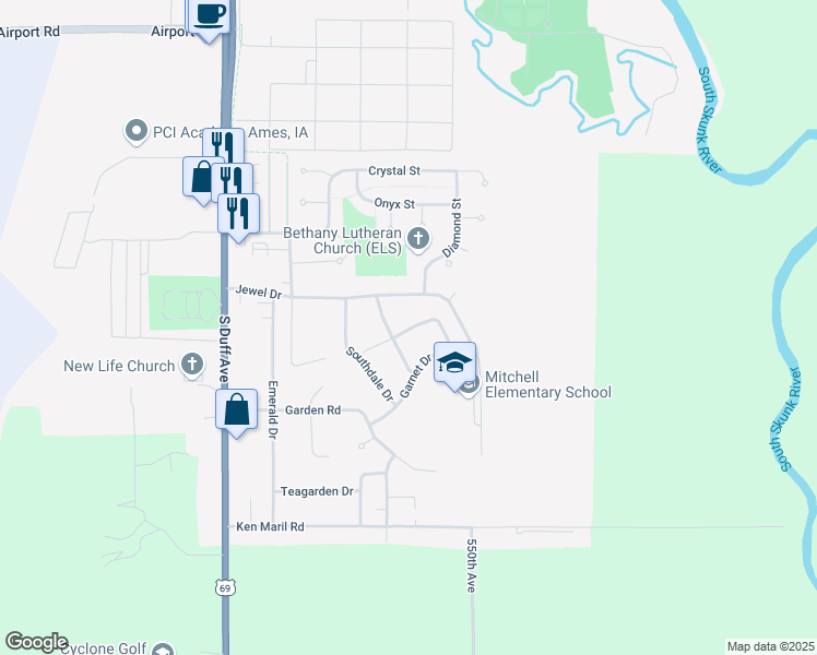 map of restaurants, bars, coffee shops, grocery stores, and more near 615 Meadow Place in Ames