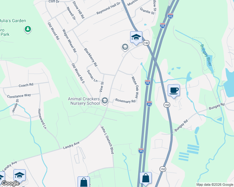 map of restaurants, bars, coffee shops, grocery stores, and more near 13 East Ridge Road in North Attleborough
