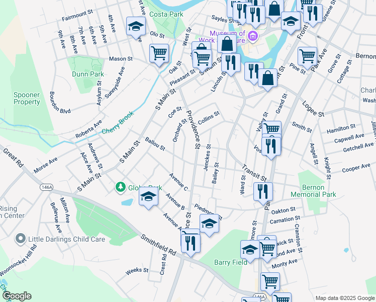 map of restaurants, bars, coffee shops, grocery stores, and more near 297 Providence Street in Woonsocket