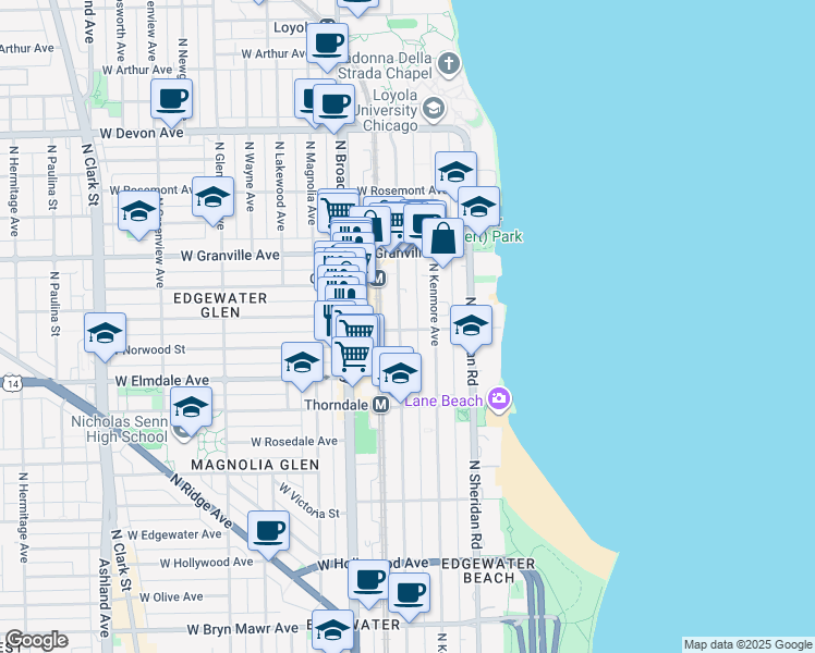 map of restaurants, bars, coffee shops, grocery stores, and more near 6102 North Winthrop Avenue in Chicago