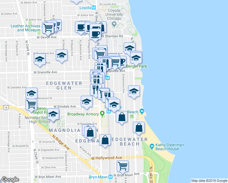 map of restaurants, bars, coffee shops, grocery stores, and more near 6102 North Winthrop Avenue in Chicago