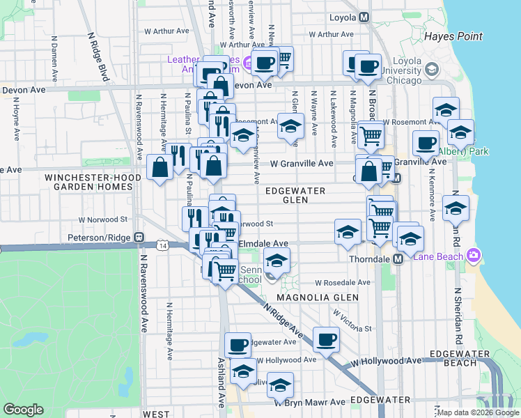 map of restaurants, bars, coffee shops, grocery stores, and more near 1459 West Glenlake Avenue in Chicago