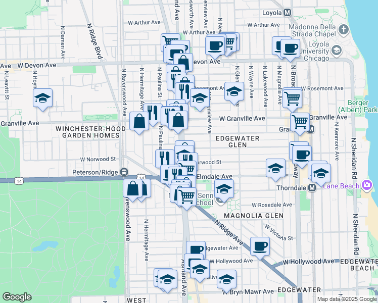 map of restaurants, bars, coffee shops, grocery stores, and more near 1535 West Glenlake Avenue in Chicago
