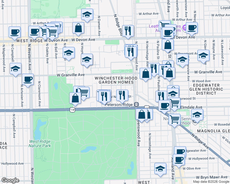 map of restaurants, bars, coffee shops, grocery stores, and more near 6123 North Winchester Avenue in Chicago