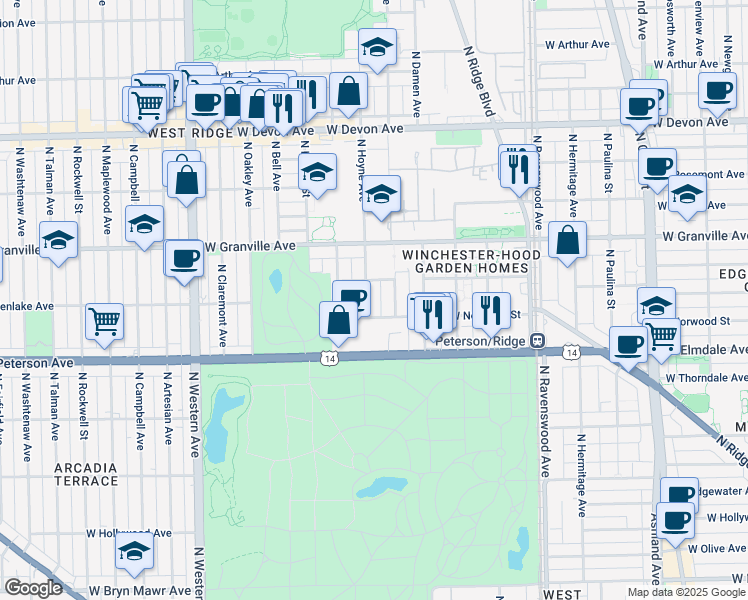 map of restaurants, bars, coffee shops, grocery stores, and more near 6120 North Hoyne Avenue in Chicago
