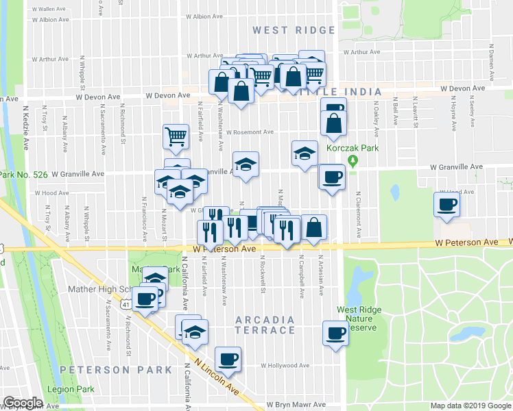 map of restaurants, bars, coffee shops, grocery stores, and more near 6105 North Rockwell Street in Chicago