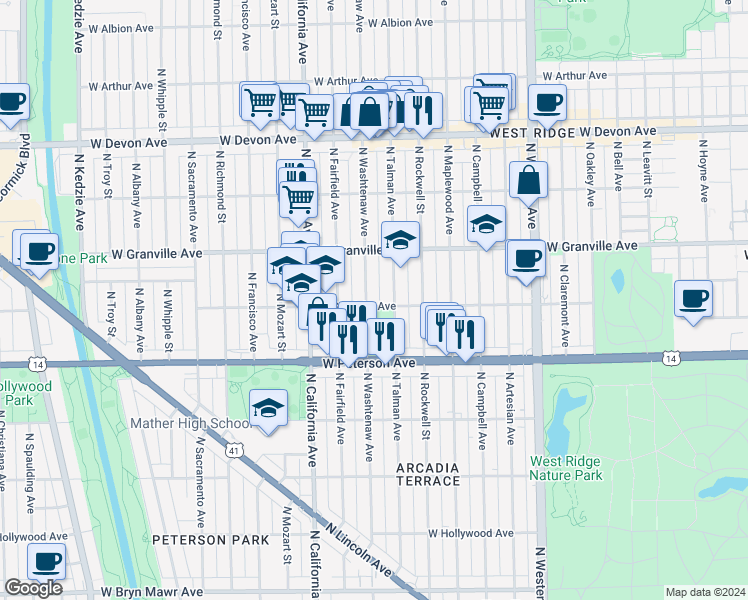 map of restaurants, bars, coffee shops, grocery stores, and more near 6108 North Talman Avenue in Chicago