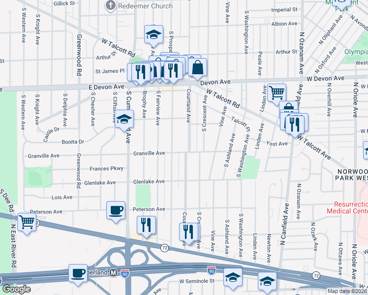 map of restaurants, bars, coffee shops, grocery stores, and more near 1429 Courtland Avenue in Park Ridge